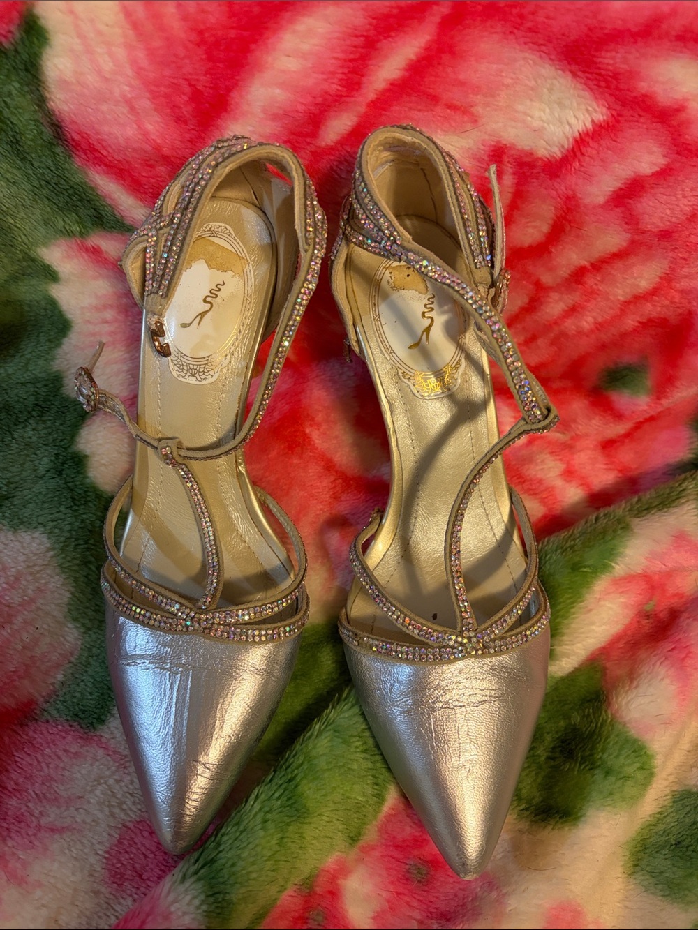 Rene Caovilla Metallic Silver Pointed-Toe Crystal Strap Heels
